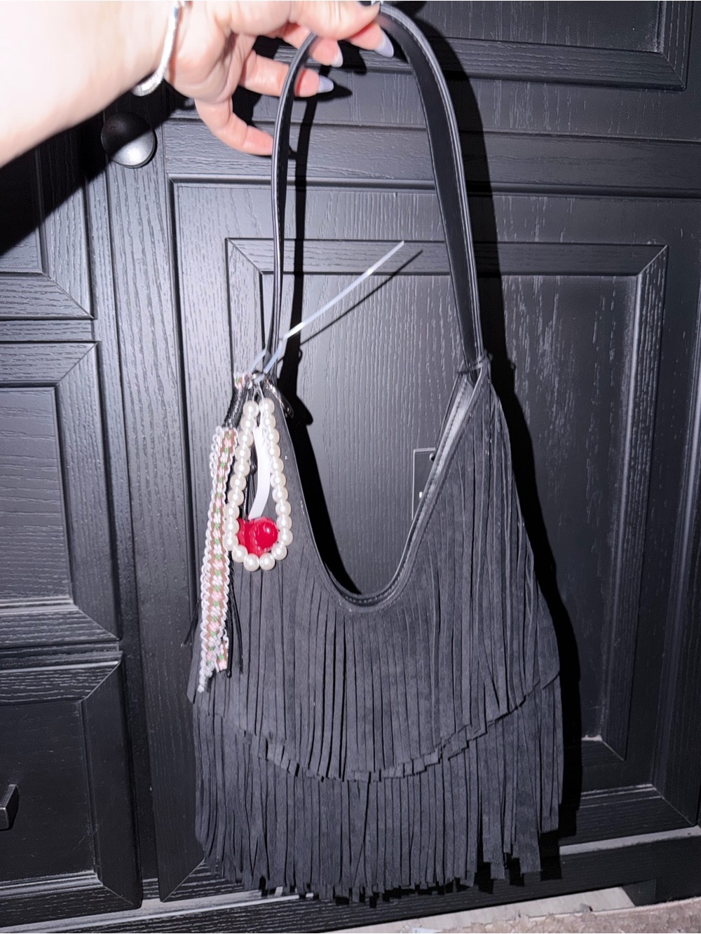 Steve Madden Black Fringe Shoulder Bag with Pearl and Red Charm